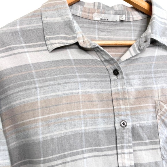 Prana Womens Plaid Button Down Flannel Shirt Long Sleeve Casual Beige Size L - Picture 3 of 8